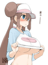 Rule 34 | 1girl, areola slip, bad id, bad pixiv id, bakutendou, blue eyes, blush, breasts, brown hair, creatures (company), double bun, game freak, hair bun, highres, large breasts, low twintails, nintendo, pokemon, pokemon bw2, rosa (pokemon), shirt, simple background, solo, sweat, twintails, underboob, visor cap, white background