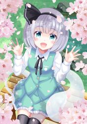 Rule 34 | 1girl, :d, absurdres, bench, black bow, black bowtie, black hairband, black thighhighs, bow, bowtie, buttons, cherry blossoms, collared shirt, flower, ghost, grass, green eyes, green skirt, green vest, grey hair, hairband, highres, konpaku youmu, konpaku youmu (ghost), long sleeves, looking at viewer, open mouth, outdoors, petals, pink flower, reimei (r758120518), shirt, short hair, sitting, skirt, skirt set, smile, solo, thighhighs, touhou, vest, white shirt
