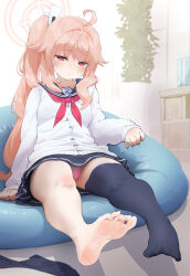 Rule 34 | 1girl, absurdres, ahoge, bean bag chair, blue archive, blue sailor collar, buttons, expressionless, feet, hair ornament, halo, highres, indoors, jitome, long sleeves, nadayui, natsu (blue archive), neckerchief, no shoes, panties, pantyshot, pink eyes, pink hair, pink panties, pleated skirt, red neckerchief, sailor collar, school uniform, serafuku, side ponytail, single thighhigh, skirt, sleeves past wrists, unworn socks, soles, solo, thighhighs, toes, underwear