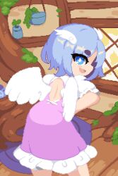 Rule 34 | 1girl, angel wings, back, back focus, backless dress, backless outfit, blue eyes, blue hair, blush, dress, frilled dress, frills, from behind, hands on own hips, looking at viewer, looking back, minimilieu, monster girl, open mouth, original, pink dress, pixel art, plant, roots, rug, smile, solo, thick eyebrows, window, wings