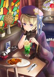 Rule 34 | 1girl, alternate costume, azur lane, beret, black gloves, blonde hair, curry, curry rice, food, fur trim, gloves, hat, highres, indoors, japanese clothes, kimono, looking at viewer, manjirou (manji illust), meowfficer (azur lane), pillow, plant, potted plant, pov dating, purple eyes, purple hat, purple kimono, rice, short hair, sitting, solo, spoon, unworn gloves, wide sleeves, z23 (azur lane)