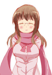 Rule 34 | 1girl, agenasu, blush, breasts, breasts squeezed together, brown hair, closed eyes, facing viewer, female focus, glasses, large breasts, long hair, matsumi yuu, saki (manga), scarf, simple background, solo, v arms, white background