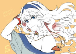 Rule 34 | 1girl, arm behind head, arm up, bare shoulders, blue eyes, blue hairband, bracelet, breasts, cleavage, collarbone, hairband, hiyoshi hana, jewelry, long hair, looking at viewer, macross, macross frontier, necklace, sheryl nome, shirt, solo