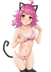 Rule 34 | 1girl, absurdres, ahoge, animal ears, bare arms, bare shoulders, black thighhighs, blush, bow, bow bra, bow panties, bra, breasts, brown eyes, cat ears, cat tail, collarbone, fake animal ears, feet out of frame, frilled bra, frilled panties, frills, groin, hands up, highres, long hair, looking at viewer, love live!, love live! nijigasaki high school idol club, miel (lessontome), navel, nose blush, panties, parted lips, paw pose, pink bra, pink hair, pink panties, simple background, small breasts, solo, sweat, tail, tennoji rina, thigh gap, thighhighs, underwear, underwear only, white background