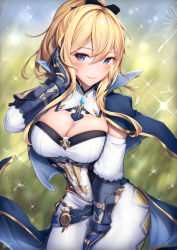 Rule 34 | 1girl, belt, black bow, blonde hair, blue capelet, blue eyes, blurry, blurry background, blush, bow, breasts, capelet, cleavage, closed mouth, coattails, commentary request, contrapposto, cowboy shot, dandelion, day, detached collar, detached sleeves, flower, gauntlets, genshin impact, hair between eyes, hair bow, tucking hair, hand on own thigh, hand up, highres, jean (genshin impact), large breasts, long hair, looking at viewer, outdoors, pants, ponytail, sidelocks, smile, solo, sparkle, standing, white pants, xfate