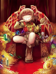 Rule 34 | 2girls, belt, blush stickers, boots, brown eyes, brown hair, coin, commentary, fairy, full body, gem, glasses, gold, grin, hair bobbles, hair ornament, looking at viewer, multiple girls, recette lemongrass, recettear, rimless eyewear, sack, shirt, short hair, side ponytail, sitting, smile, standing, tear (recettear), throne, wings, yilx