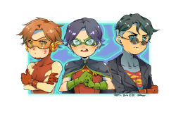 Rule 34 | 10s, 2016, 3boys, bart allen, black hair, blue eyes, brown hair, cape, crossed arms, dated, dc comics, domino mask, earrings, glasses, gloves, goggles, green gloves, impulse, jacket, kon-el, male focus, mask, multiple boys, red gloves, robin (dc), sunglasses, superboy, tim drake, undercut, yellow eyes, young justice