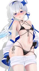 Rule 34 | 1girl, amane kanata, amane kanata (work), bare shoulders, beret, bikini, black bikini, black gloves, blue hair, blush, breasts, clothes pull, colored inner hair, feathered wings, gloves, hand on own stomach, hat, highres, hololive, jacket, long hair, looking at viewer, low twintails, mini wings, multicolored hair, navel, off shoulder, official alternate costume, open clothes, open jacket, open mouth, partially fingerless gloves, purple eyes, shorts, shorts pull, simple background, single hair intake, small breasts, solo, stomach, streaked hair, swimsuit, tojo aoi, twintails, virtual youtuber, wet, white background, white hat, white jacket, white shorts, white wings, wings