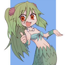 Rule 34 | 1girl, bad id, bad pixiv id, green hair, jewelry, mermaid, monster girl, muromi-san, namiuchigiwa no muromi-san, necklace, red eyes, seashell, shell, solo, thumbs up, twintails, two side up