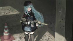 Rule 34 | 1girl, assault rifle, beret, black dress, black hat, black thighhighs, blue hair, closed mouth, commentary request, dress, facial mark, girls&#039; frontline, gloves, green eyes, gun, h&amp;k hk416, hair ornament, hat, heckler &amp; koch, hk416 (girls&#039; frontline), holding, holding gun, holding weapon, long hair, long sleeves, looking at viewer, rifle, solo, standing, thigh strap, thighhighs, traffic cone, turtleneck, very long hair, wasabi60, weapon, white gloves