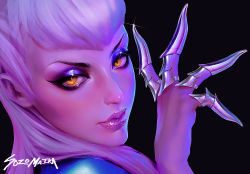 Rule 34 | 1girl, artist name, claws, demon girl, evelynn (league of legends), highres, league of legends, lipstick, long hair, looking at viewer, makeup, shiny skin, silver hair, solo, sozomaika, the baddest evelynn, yellow eyes