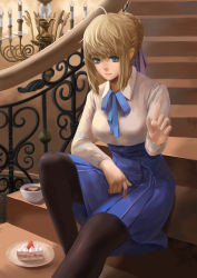 Rule 34 | 1girl, absurdres, ahoge, artoria pendragon (all), artoria pendragon (fate), black pantyhose, blonde hair, cake, citemer, cup, dress, fate/stay night, fate (series), food, green eyes, hair ribbon, heart, highres, liuruoyu8888, pantyhose, ribbon, saber (fate), sitting, sitting on stairs, solo, stairs, teacup