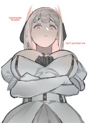 Rule 34 | 1girl, absurdres, breasts, cleavage, crossed arms, dress, elbow gloves, english text, from below, gloves, grey dress, grey hair, headgear, headphones, highres, large breasts, liv: lux (punishing: gray raven), liv (punishing: gray raven), medium hair, parted bangs, pink eyes, punishing: gray raven, sidelocks, solo, white background, white gloves, yongsadragon