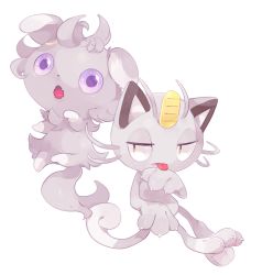 Rule 34 | :o, bad id, bad pixiv id, claws, creatures (company), espurr, fangs, fingernails, game freak, gen 1 pokemon, gen 6 pokemon, hideko (l33l3b), licking, licking finger, looking at another, looking at viewer, meowth, nintendo, no humans, open mouth, pokemon, pokemon (creature), purple eyes, sharp fingernails, simple background, slit pupils, tail, tongue, tongue out, white background, wide-eyed, yellow eyes