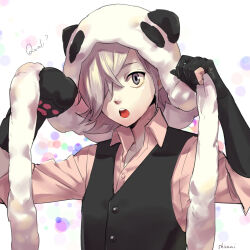 Rule 34 | 1boy, animal hands, black mittens, black vest, buttons, grey eyes, grey hair, hair over one eye, inga, looking at viewer, male focus, mittens, open mouth, panda hat, pink shirt, shiromi (ringo), shirt, simple background, solo, un-go, upper body, vest, white background