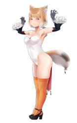 Rule 34 | 1girl, alternate costume, animal ear fluff, animal ears, armpits, arms up, bare shoulders, beleven, black hair, breasts, brown hair, claw pose, closed mouth, detached sleeves, embarrassed, extra ears, fox ears, fox girl, fox tail, frilled sleeves, frills, full body, furrowed brow, gloves, green eyes, high heels, highres, kemono friends, leotard, light blush, light brown hair, looking to the side, medium breasts, medium hair, multicolored hair, over-kneehighs, paid reward available, shoes, sidelocks, simple background, solo, standing, strapless, strapless leotard, tail, thighhighs, tibetan fox (kemono friends), white background, white hair, white leotard