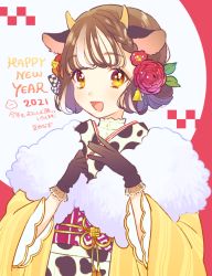 Rule 34 | 1girl, 2021, :d, animal ears, animal print, blush, braid, braided bangs, brown hair, chinese zodiac, cow ears, cow girl, cow horns, cow print, flower, fur collar, furisode, gloves, hair flower, hair ornament, happy new year, horns, japanese clothes, kimono, long sleeves, looking at viewer, mameyanagi, multicolored hair, new year, obi, open mouth, orange eyes, original, sash, smile, solo, streaked hair, two-tone hair, white hair, wide sleeves, year of the ox
