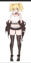 Rule 34 | 1girl, aged down, ankle ribbon, belt, black choker, black jacket, black ribbon, black shorts, black thighhighs, blonde hair, breasts, camisole, choker, closed mouth, coco kaine, earrings, full body, hair between eyes, halterneck, highres, hololive, jacket, jewelry, large breasts, leg ribbon, letterboxed, looking at viewer, medium hair, midriff, mole, mole on breast, mole under eye, navel, off shoulder, purple eyes, ribbon, see-through, short shorts, shorts, simple background, sketch, smile, solo, strap slip, thighhighs, thighs, twintails, virtual youtuber, white background, white camisole, yaman