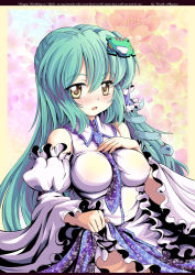 Rule 34 | 1girl, between breasts, blush, breast suppress, breasts, clothes lift, detached sleeves, dress, dress lift, female focus, frog, green hair, hair ornament, impossible clothes, impossible shirt, kochiya sanae, large breasts, long hair, necktie, north abyssor, shirt, snake, solo, touhou