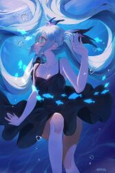 Rule 34 | 1girl, ahoge, alternate costume, aqua eyes, aqua hair, artist name, bare shoulders, black bow, black dress, bow, breasts, bubble, chinese commentary, cleavage, collarbone, commentary request, dress, fish, hair bow, hand up, hatsune miku, highres, knee up, long hair, makucrp, parted lips, shinkai shoujo (vocaloid), sleeveless, sleeveless dress, solo, underwater, very long hair, vocaloid