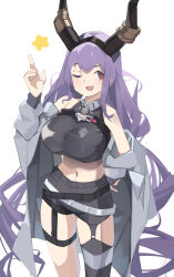 Rule 34 | 1girl, ;d, absurdres, arknights, bare shoulders, black shirt, black shorts, black thighhighs, breasts, coat, commentary, cowboy shot, crop top, fang, garter straps, grey coat, hand up, highres, horns, large breasts, long hair, long sleeves, looking at viewer, midriff, navel, off shoulder, one eye closed, open clothes, open coat, open mouth, plabit, purple hair, red eyes, shirt, shorts, simple background, single thighhigh, skin fang, sleeveless, sleeveless shirt, smile, solo, standing, stomach, thighhighs, typhon (arknights), very long hair, white background