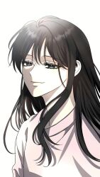 Rule 34 | 1girl, ahoge, black eyes, black hair, choi jeongmin, closed mouth, dreaming freedom, highres, long hair, looking at viewer, official art, school uniform, shirt, simple background, smile, solo, very long hair, white background, white shirt