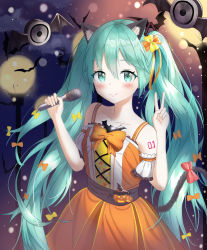 Rule 34 | 1girl, animal ears, aqua hair, bad id, bad pixiv id, bat (animal), blush, bow, cat ears, cat tail, collarbone, commentary request, dot nose, dress, hair between eyes, hair bow, halloween, hatsune miku, highres, holding, holding microphone, long hair, looking at viewer, microphone, moon, multiple bows, nay, orange dress, pumpkin, red bow, sleeveless, smile, solo, tail, thighhighs, twintails, very long hair, vocaloid