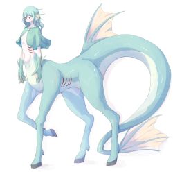 Rule 34 | 1girl, 4138, breasts, capelet, centauroid, colored skin, female focus, fins, full body, gills, green hair, green skin, head fins, highres, hooves, monster girl, original, red eyes, simple background, small breasts, solo, taur, webbed hands, white background