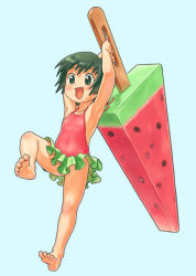 Rule 34 | 1girl, :d, arms up, barefoot, black eyes, black hair, casual one-piece swimsuit, food, frilled swimsuit, frills, fruit, full body, halterneck, mini person, minigirl, one-piece swimsuit, open mouth, oversized object, popsicle, short hair, simple background, smile, solo, swimsuit, watermelon, watermelon bar