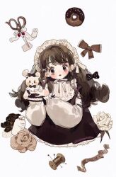 Rule 34 | 1girl, banner, black dress, black ribbon, blush stickers, bow, brown bow, brown eyes, brown flower, brown hair, brown rose, doughnut, dress, english text, eyelashes, flower, food, frilled bow, frilled sleeves, frills, gothic lolita, hair ribbon, holding, holding stuffed toy, lace, lace-trimmed dress, lace trim, leaf, lolita fashion, long hair, long sleeves, maid headdress, neck ribbon, original, parted lips, puffy long sleeves, puffy sleeves, putong xiao gou, red lips, ribbon, rose, scissors, sewing pin, shirt, short dress, sleeveless, sleeveless dress, smile, solo, striped clothes, striped shirt, stuffed animal, stuffed rabbit, stuffed toy, upper body, vertical-striped clothes, vertical-striped shirt, white background, white flower, white headdress, white ribbon, white rose, white shirt, wrist ribbon, yarn bobbin