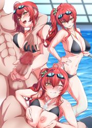 Rule 34 | 1boy, 1girl, abs, ahoge, azur lane, bare shoulders, bikini, black bikini, blush, breasts, breasts squeezed together, censored, cleavage, closed mouth, collarbone, cum, cum on body, cum on breasts, cum on upper body, ejaculation, erection, goggles, goggles on head, grabbing, grabbing another&#039;s breast, hair ornament, handjob, hetero, large breasts, licking lips, long hair, mosaic censoring, multiple views, navel, nipples, o-ring, o-ring bikini, one eye closed, open mouth, paizuri, paizuri under clothes, penis, pool, red eyes, rei no pool, side ponytail, sidelocks, smile, swimsuit, testicles, tongue, tongue out, urayama (backmountain), wet, whistle, whistle around neck, yellow eyes, zara (azur lane), zara (poolside coincidence) (azur lane)
