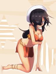 Rule 34 | 10s, 1girl, anklet, arm support, barefoot, bikini, black hair, blue eyes, bow, breast hold, breasts, brown bikini, cleavage, closed mouth, commentary, dark-skinned female, dark skin, dixie cup hat, eyes visible through hair, fringe trim, frown, girls und panzer, hair bow, hair over one eye, hat, hat feather, highres, jewelry, jinguu (4839ms), kneeling, leaning forward, legs, long hair, medium breasts, military hat, navel, o-ring, o-ring bikini, ogin (girls und panzer), pelvic curtain, ponytail, red bow, solo, star (symbol), star print, swimsuit, white hat