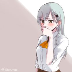 Rule 34 | 10s, 1girl, aqua hair, ascot, blush, covering own mouth, green eyes, hand on own face, hand over own mouth, jikasei, kantai collection, long hair, no jacket, shirt, sleeves rolled up, solo, suzuya (kancolle), sweatdrop, twitter username, two-tone background