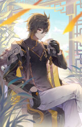 1boy absurdres armor black_gloves black_hair brown_hair character_name chinese_clothes closed_mouth cup earrings english_text feet_out_of_frame genshin_impact gloves gradient_hair grey_pants hair_between_eyes happy_birthday highres holding holding_cup jewelry kkopoli korean_commentary long_hair long_sleeves male_focus multicolored_hair official_alternate_costume pants single_earring zhongli_(genshin_impact) zhongli_(lantern_rite)_(genshin_impact)