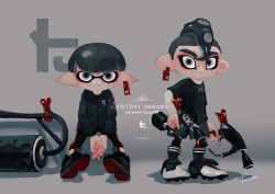 Rule 34 | 2boys, black footwear, clothes pin, ear tag, expressionless, full body, grey background, grey eyes, grey hair, holding, holding weapon, inkling, inkling boy, inkling player character, looking at viewer, multiple boys, nintendo, octoling, octoling boy, octoling player character, pointy ears, shoes, short hair, simple background, sitting, sneakers, splat dualies (splatoon), splat roller (splatoon), splatoon (series), splatoon 2, standing, tarai (silica5), thick eyebrows, weapon