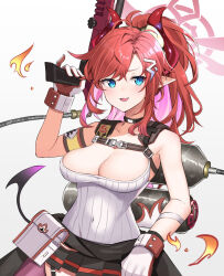 Rule 34 | 1girl, armband, bare shoulders, black skirt, blue archive, blue eyes, blush, breasts, choker, cleavage, clothes around waist, covered navel, fang, fire, fire, flamethrower, gas tank, gloves, hair ornament, halo, hand up, highres, horns, long hair, medium breasts, megu (blue archive), miniskirt, open mouth, parted bangs, pointy ears, pony (animal), pouch, shidoh279, shirt, sidelocks, skin fang, skirt, solo, tail, upper body, weapon, white shirt