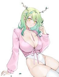 Rule 34 | 1girl, absurdres, alternate costume, antlers, braid, breasts, ceres fauna, cleavage, earrings, french braid, grey hair, highres, hololive, hololive english, horns, jewelry, large breasts, leaf, mole, mole under eye, pink shirt, shirt, simple background, sitting, skindentation, solo, thighhighs, thighs, tuffi-chan, virtual youtuber, white background, white thighhighs, yellow eyes