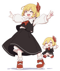 1girl :d absurdres ascot black_dress black_shirt black_skirt blonde_hair blush_stickers bow closed_eyes collared_shirt commentary dress frilled_shirt_collar frills fumo_(doll) hair_bow highres kame_(kamepan44231) long_skirt long_sleeves open_mouth red_ascot red_bow red_footwear rumia sharp_teeth shirt short_hair skirt smile socks teeth touhou white_socks