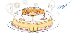 Rule 34 | 1girl, blush, breasts, cake, candle, cream, embarrassed, food, hasunalu, nipples, objectification, open mouth, orange hair, original, plate, purple eyes, pussy, signature, simple background, sketch, smoke, solo, transformation, what, white background