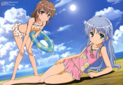Rule 34 | 2girls, absurdres, barefoot, beach, bikini, blue hair, brown eyes, brown hair, casual one-piece swimsuit, cloud, day, flat chest, floral print, green eyes, hair ornament, hairclip, highres, index (toaru majutsu no index), innertube, leaning forward, legs, long hair, lying, megami magazine, misaka mikoto, multiple girls, navel, non-web source, ocean, official art, on side, one-piece swimsuit, outdoors, pink one-piece swimsuit, polka dot, shinohara kenji, short hair, sky, swim ring, swimsuit, toaru kagaku no railgun, toaru majutsu no index, water