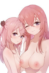 Rule 34 | 2girls, artist request, asymmetrical docking, breast press, breasts, completely nude, female focus, highres, inui sajuna, inui shinju, large breasts, long hair, multiple girls, nipples, nude, nuzzle, siblings, simple background, sisters, small breasts, sono bisque doll wa koi wo suru, source request, upper body, white background
