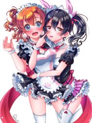 Rule 34 | 2girls, :o, absurdres, black hair, blue eyes, blush, bow, bowtie, breasts, chelsea0327, cleavage, collarbone, frilled skirt, frills, garter straps, hair between eyes, highres, index finger raised, kosaka honoka, love live!, medium breasts, mogyutto &quot;love&quot; de sekkin chuu!, multiple girls, orange hair, pink bow, pink skirt, red bow, red bowtie, red eyes, short sleeves, signature, simple background, skirt, standing, sweatdrop, thighhighs, tongue, tongue out, twintails, white background, white thighhighs, wristband, yazawa nico