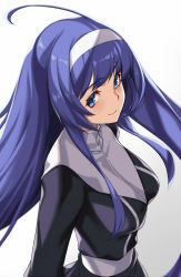Rule 34 | 1girl, ahoge, black dress, blue eyes, blush, breasts, closed mouth, commentary request, dress, gradient background, grey background, hairband, long hair, looking at viewer, medium breasts, orie ballardiae harada, purple hair, smile, solo, takanashi-a, under night in-birth, upper body, very long hair, white background, white hairband