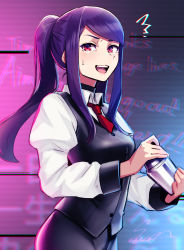 Rule 34 | 1girl, alternate hairstyle, bartender, black vest, breasts, cocktail shaker, collared shirt, highres, jill stingray, juliet sleeves, long hair, long sleeves, medium breasts, necktie, open mouth, ponytail, puffy sleeves, purple hair, red eyes, red necktie, red tie, sawasa, shirt, sidelocks, solo, sweat, va-11 hall-a, vest, white shirt