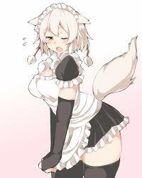 Rule 34 | 1girl, alternate costume, animal ears, apron, apron tug, blush, breasts, bridal gauntlets, commentary request, cowboy shot, ears down, embarrassed, enmaided, fang, frilled apron, frilled skirt, frilled sleeves, frills, furrowed brow, gradient background, grey hair, half-closed eye, highres, houkai (collapse illust), inubashiri momiji, leaning forward, looking at viewer, maid, maid headdress, microskirt, one eye closed, open mouth, orange eyes, pom pom (clothes), puffy short sleeves, puffy sleeves, shirt, short hair, short sleeves, skirt, solo, tail, tearing up, thighhighs, touhou, upper body, wolf ears, wolf tail, zettai ryouiki