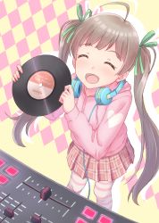 Rule 34 | 1girl, :d, ^ ^, ahoge, argyle, argyle background, argyle clothes, blunt bangs, checkered background, closed eyes, commentary request, cowboy shot, dj, drawstring, drop shadow, english text, facing viewer, green ribbon, hair ribbon, hakozaki serika, headphones, headphones around neck, highres, holding, hood, hood down, hoodie, idolmaster, idolmaster million live!, light brown hair, long sleeves, open mouth, pantyhose, pink hoodie, plaid, plaid skirt, record, ribbon, short hair, skirt, smile, solo, song name, soujin, standing, striped clothes, striped pantyhose, twintails, two-tone background