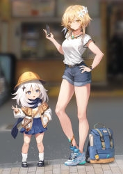 Rule 34 | 2girls, absurdres, alternate costume, backpack, bag, unworn bag, belt, black footwear, blonde hair, blouse, blue bag, blue eyes, blue footwear, blue shorts, blue skirt, blurry, blurry background, breasts, casual, cellphone, closed mouth, collarbone, commentary, contemporary, contrapposto, denim, denim shorts, depth of field, dress, flower, full body, genshin impact, hair flower, hair ornament, hand in pocket, hand on own hip, hand up, hat, highres, holding, holding phone, jewelry, ko-ma, long hair, long sleeves, looking at viewer, lumine (genshin impact), medium breasts, multiple girls, necklace, open mouth, paimon (genshin impact), phone, pleated skirt, shirt, shoes, short shorts, short sleeves, shorts, skirt, smartphone, sneakers, socks, standing, white dress, white flower, white hair, white legwear, white shirt