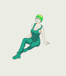Rule 34 | 1girl, breasts, cleavage, foo fighters (jojo), full body, green hair, green lips, invisible chair, jojo no kimyou na bouken, lipstick, looking at viewer, makeup, overalls, sanosan desu, short hair, sideboob, simple background, sitting, solo, stone ocean, white background, yellow eyes