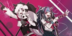 Rule 34 | 1boy, 1girl, belt, black hair, black nails, black skirt, blue hair, blush, commentary, creatures (company), cropped jacket, crossover, danganronpa (series), danganronpa 2: goodbye despair, ear piercing, eyeshadow, fang, game freak, green eyes, gym leader, hair horns, highres, holding, holding microphone, jacket, jewelry, long hair, looking at viewer, makeup, microphone, microphone stand, mioda ibuki, multicolored hair, nail polish, necklace, nintendo, one eye closed, open mouth, piercing, piers (pokemon), pink background, pink eyes, pink hair, pleated skirt, pointing, pointing up, pokemon, pokemon swsh, raonal97, school uniform, serafuku, short sleeves, skirt, skull, smile, symbol-only commentary, tongue, tongue out, trait connection, two-tone hair, v, white hair, white jacket
