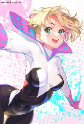 Rule 34 | 1girl, :d, blonde hair, blue eyes, bodysuit, breasts, covered navel, gwen stacy, hong (white spider), looking at viewer, marvel, medium breasts, open mouth, outstretched arms, patreon username, revision, short hair, smile, solo, spider-gwen, spider-man: across the spider-verse, spider-man: into the spider-verse, spider-man (series), spider-verse, teeth, upper teeth only